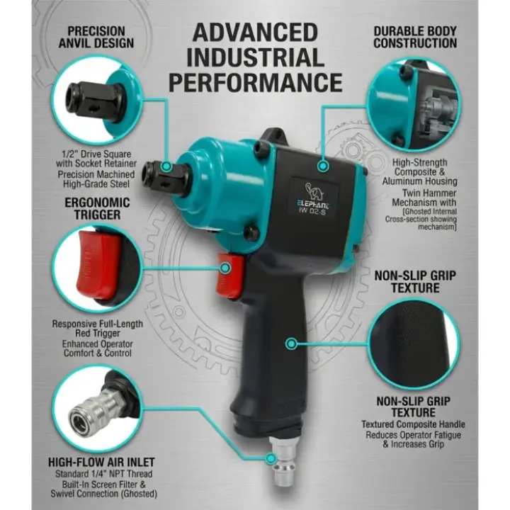 Elephant 1/2″ Twin Hammer Air Impact Wrench (IW-02S) 520 NM. Torque