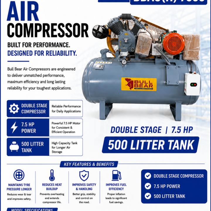 Bull Bear Air Compressor BBAC(H) 7500 – 500 Litre Double Stage 7.5 HP