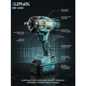 Elephant Heavy Duty 20V Cordless Impact Wrench with 2 Batteries | Build-In LED Lights | Forward & ReverseSwitch BW-1000.